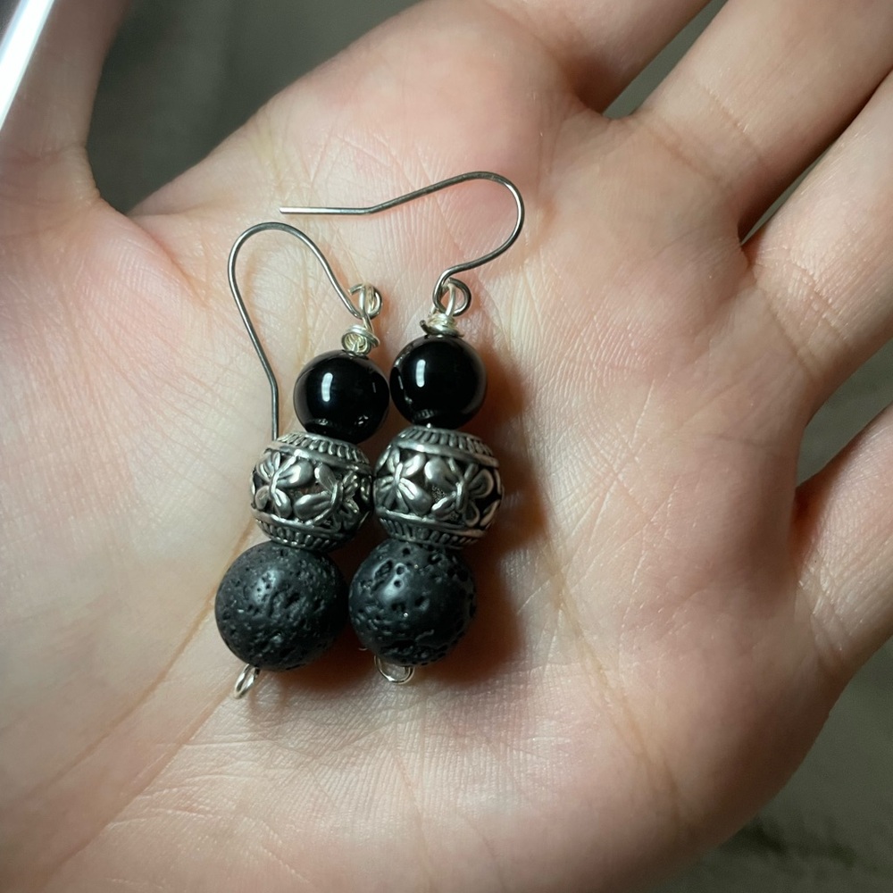 Handmade Black Bead, Lava Stone & Silver Accent Dangle Earrings